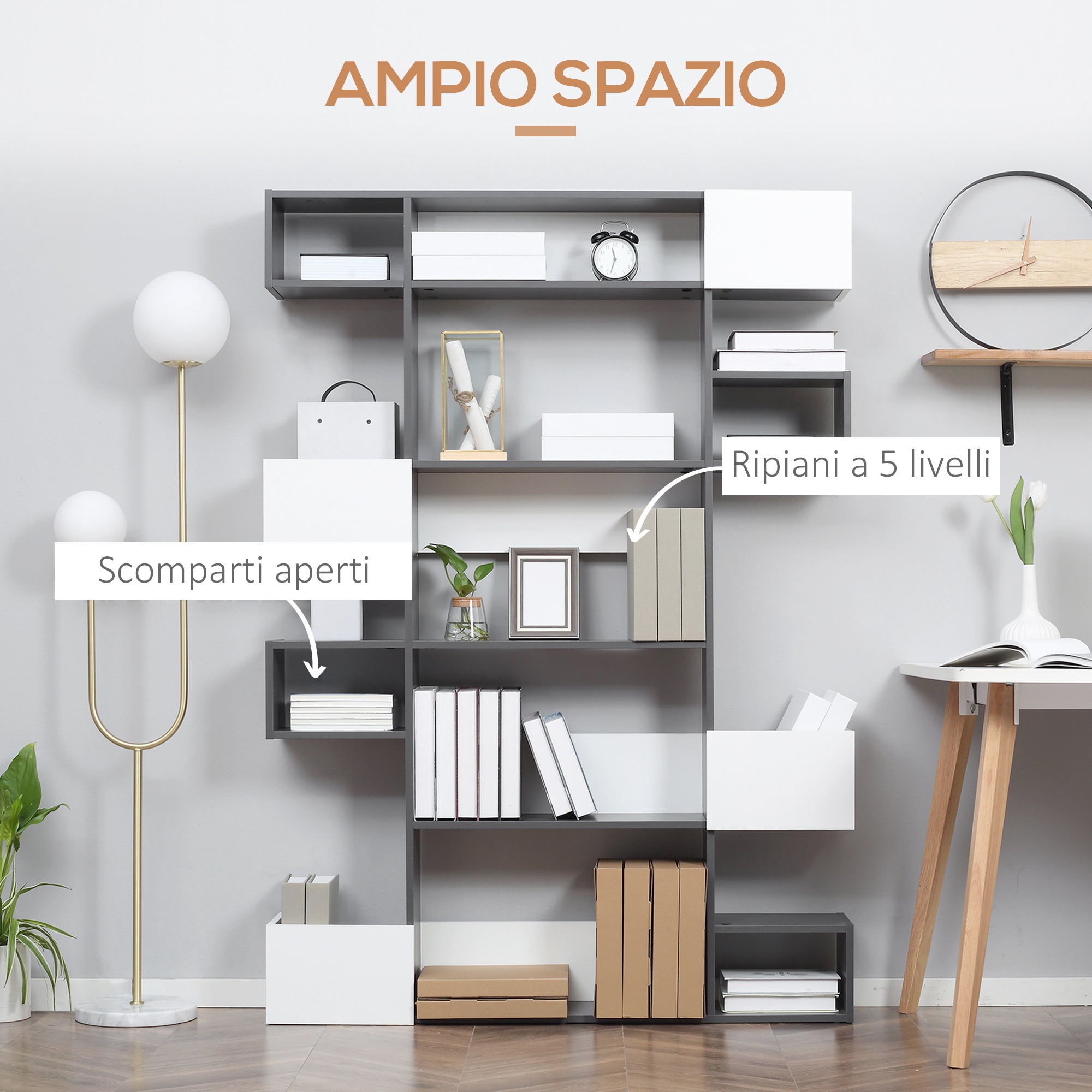 EASYCOMFORT  Libreria Moderna a 5 Livelli con 8 Ripiani Aperti in Truciolato, 120x20x171 cm, Grigia e Bianca