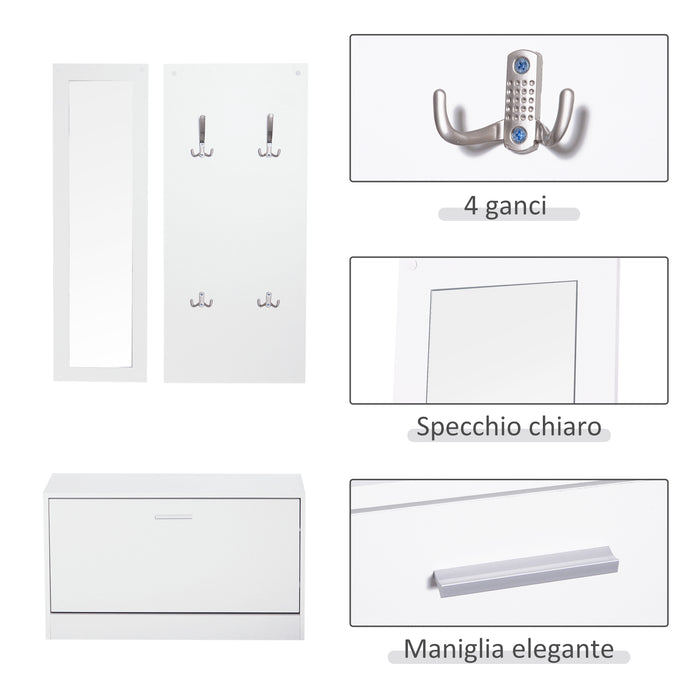 EASYCOMFORT  Mobile per Ingresso in Legno Set 3 Pezzi con Scarpiera, Appendiabiti e Specchio, 80x27x46.5cm - Bianco