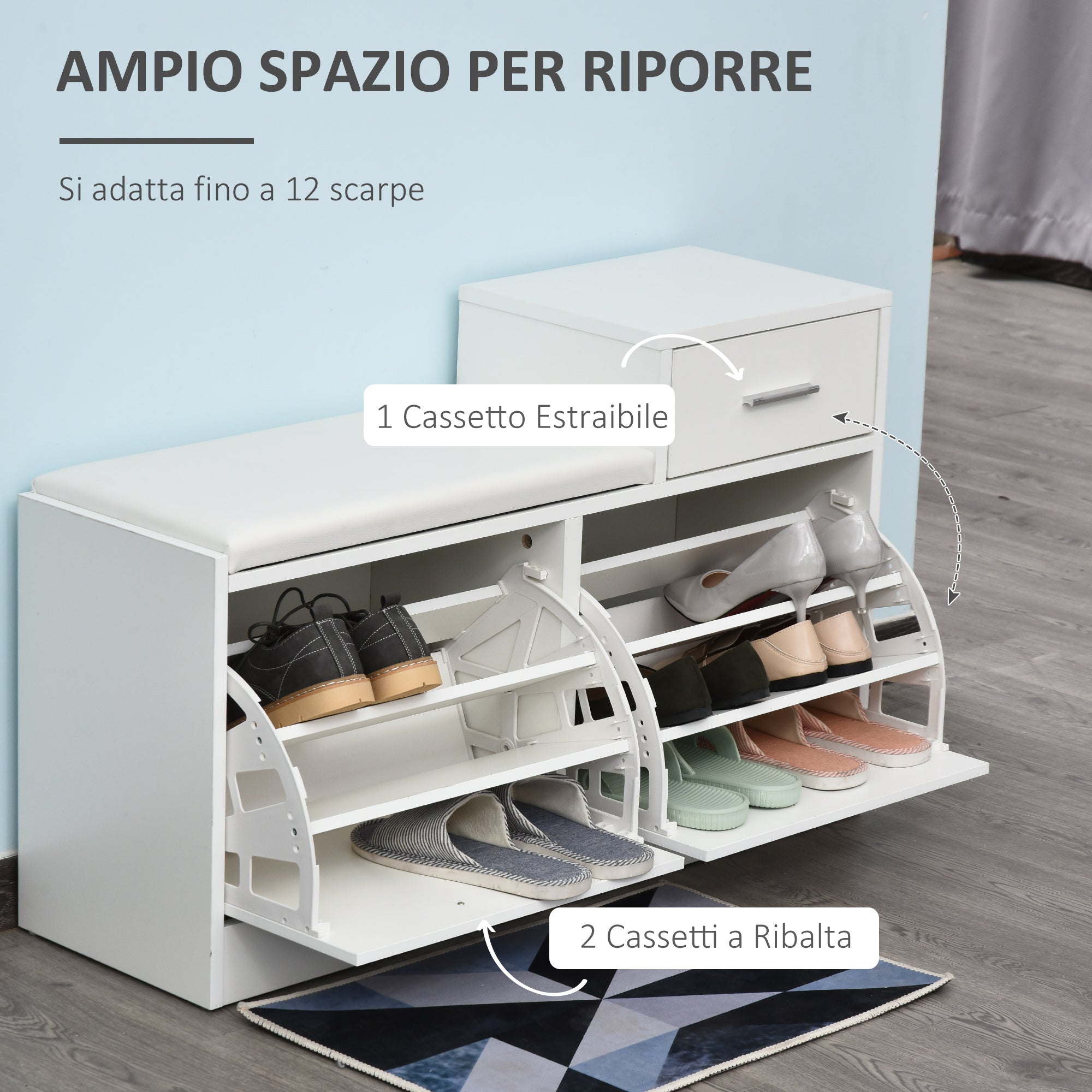 EasyComfort Scarpiera Portascarpe Robusta Design Moderno 12 Paia di Scarpe Sedile con Cuscino da Ingresso in Legno Truciolato 94,5 x 57 x 30 cm Bianco