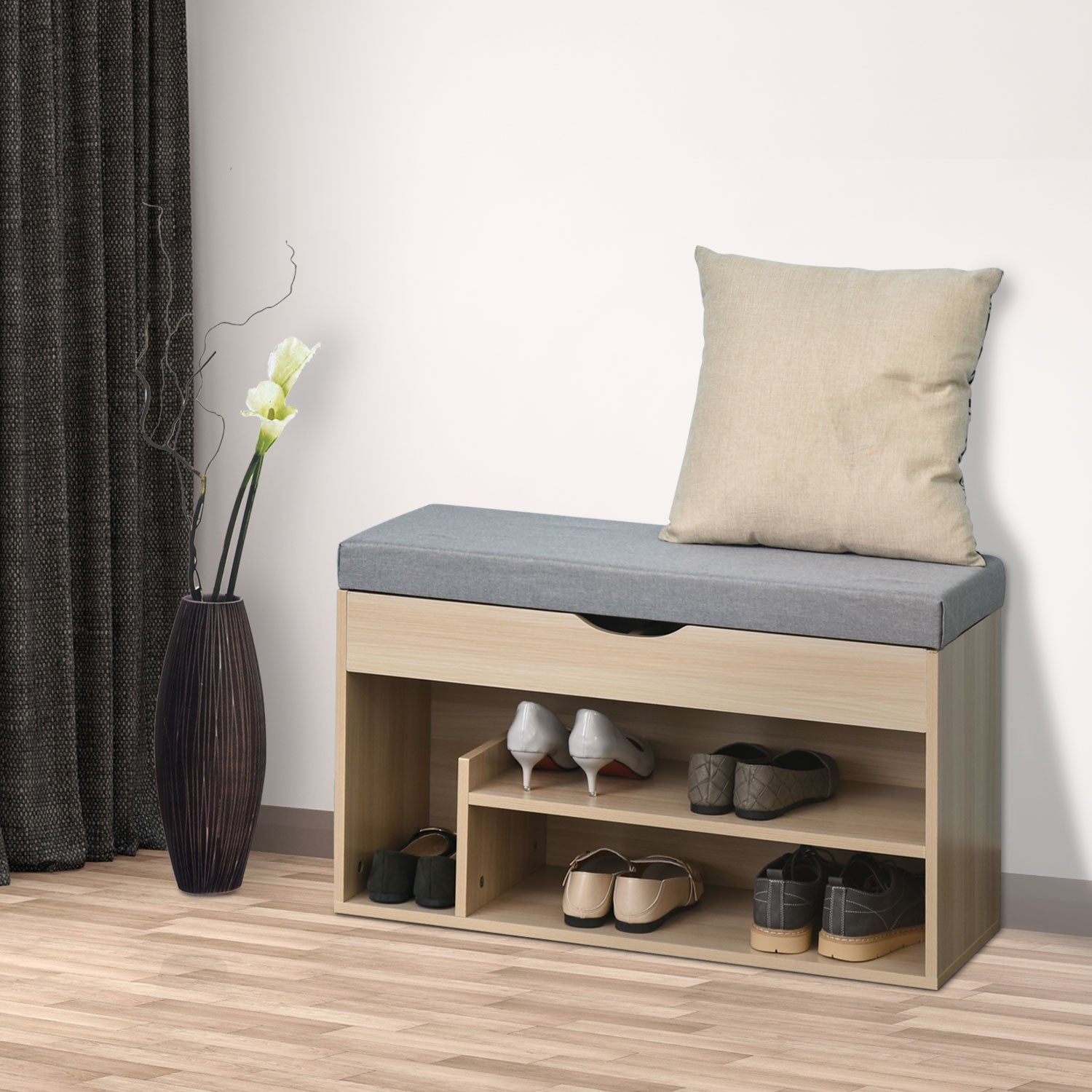 Easycomfort Scarpiera 2 in 1, Panca in Legno con Seduta Imbottita e Scomparto Nascosto, per Entrata/Ingresso, 80 x 30 x 48cm