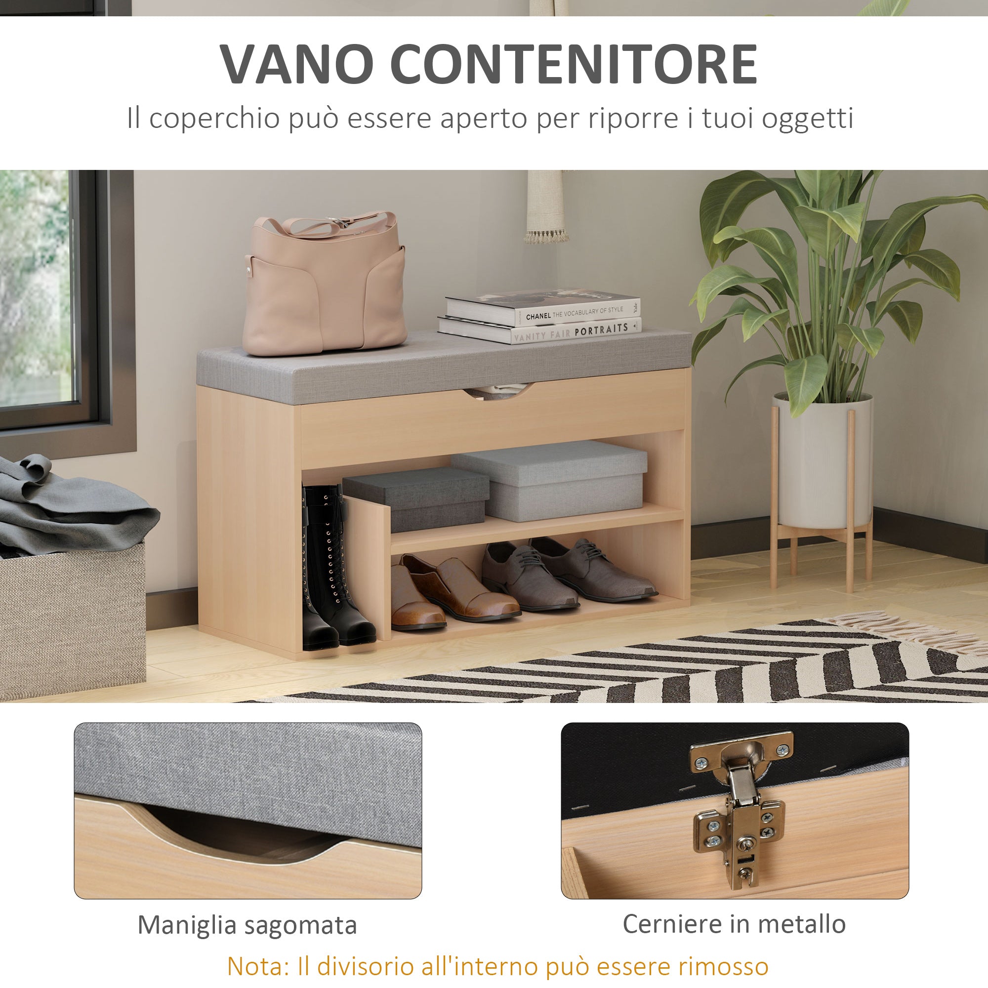 Easycomfort Scarpiera 2 in 1, Panca in Legno con Seduta Imbottita e Scomparto Nascosto, per Entrata/Ingresso, 80 x 30 x 48cm