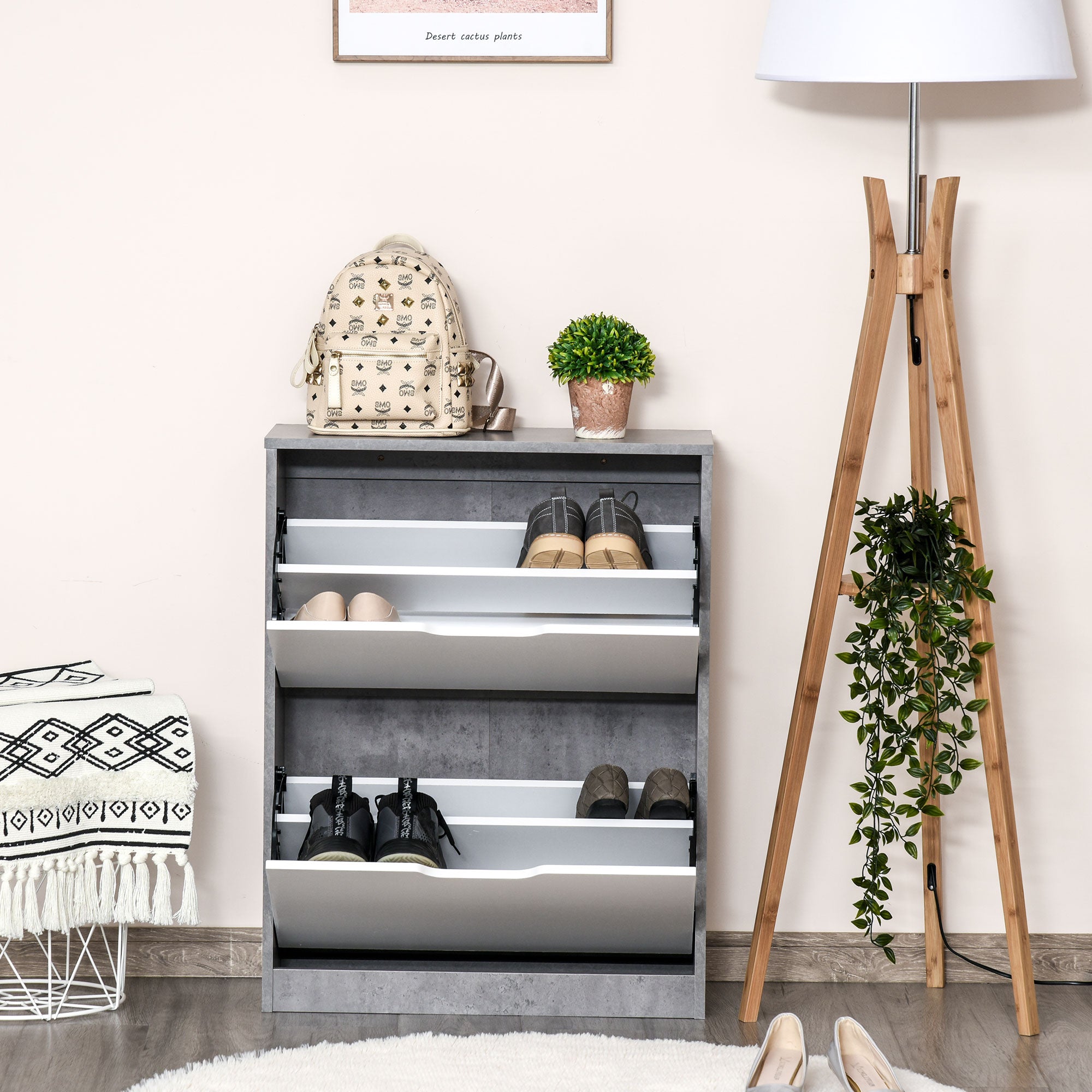 Easycomfort Mobile Portascarpe, Scarpiera Salvaspazio Bassa a 2 Ante per 8 Paia di Scarpe, Arredamento Moderno, Grigio e Bianco, 62.5x26x81cm