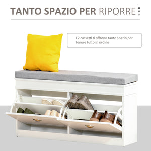 EASYCOMFORT Panca Scarpiera Salvaspazio in Legno con Cuscino, 2 Cassetti con Mensola Regolabile per 8 Scarpe, 104x24x55cm, Bianco