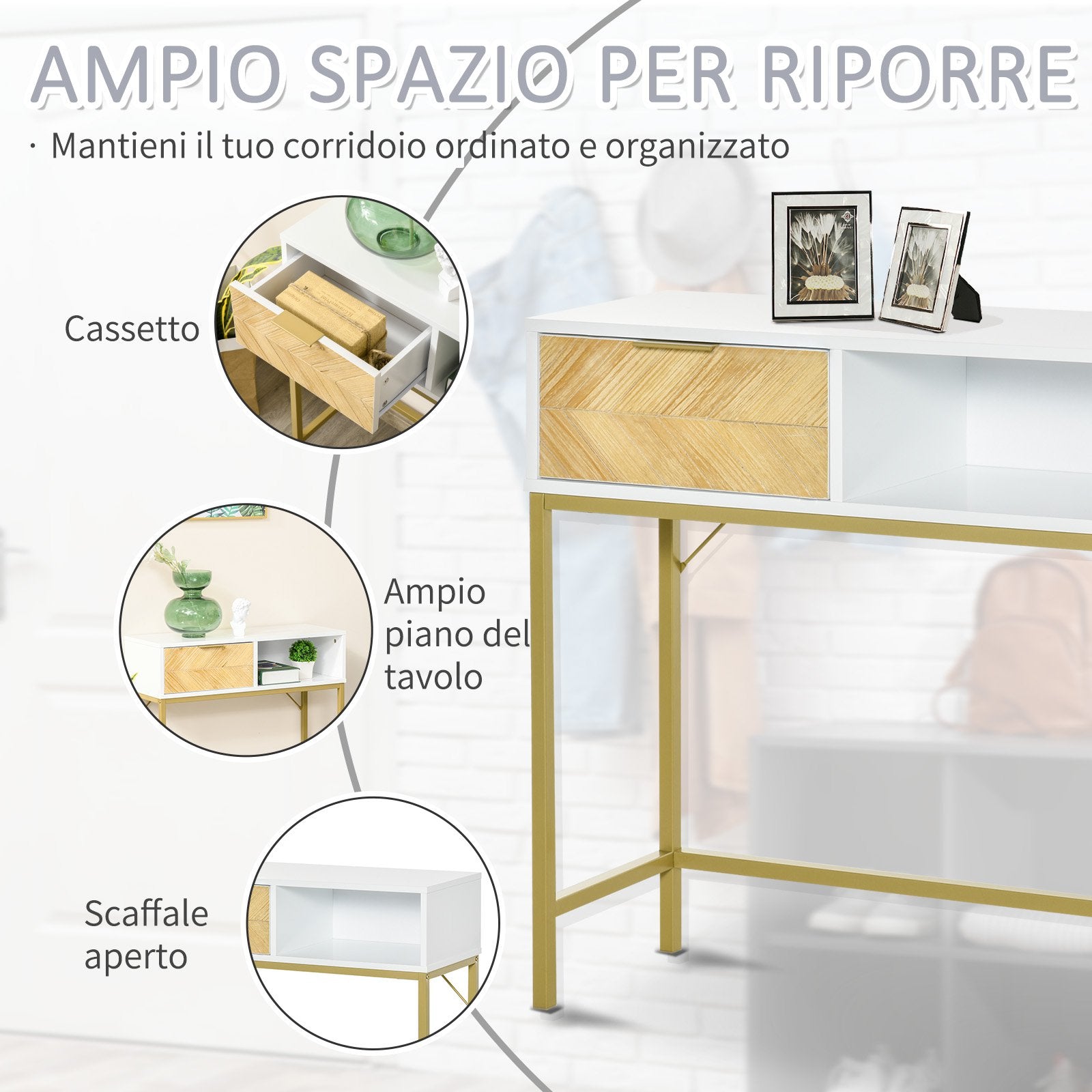 EasyComfort Tavolo Consolle in Legno, Consolle da Ingresso o Salotto con Design Moderno, Bianco e Oro, 80x30x80.5cm