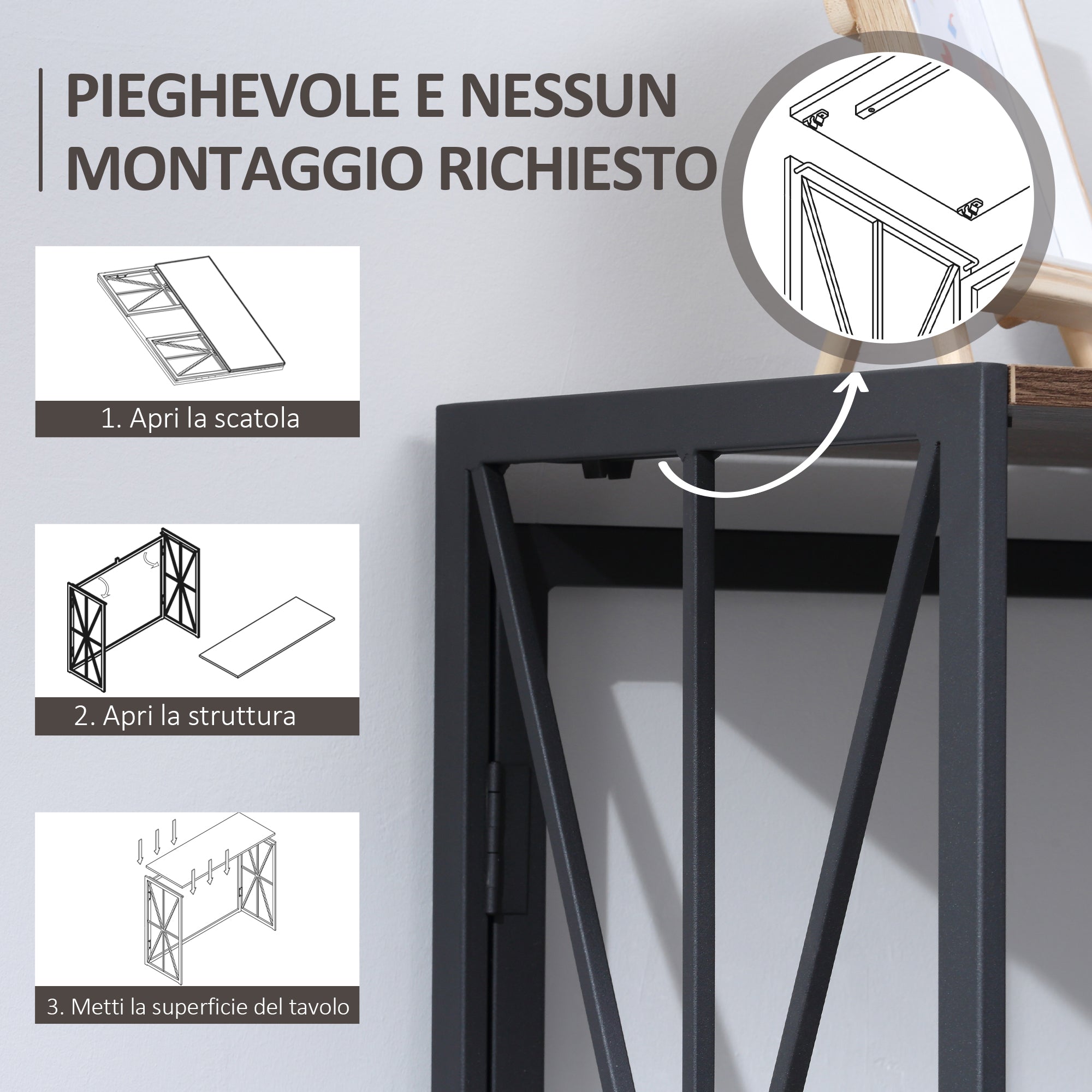 EasyComfort Tavolo Consolle da Ingresso Stile Industriale Pieghevole in Legno e Metallo, 100x38x80cm, Marrone