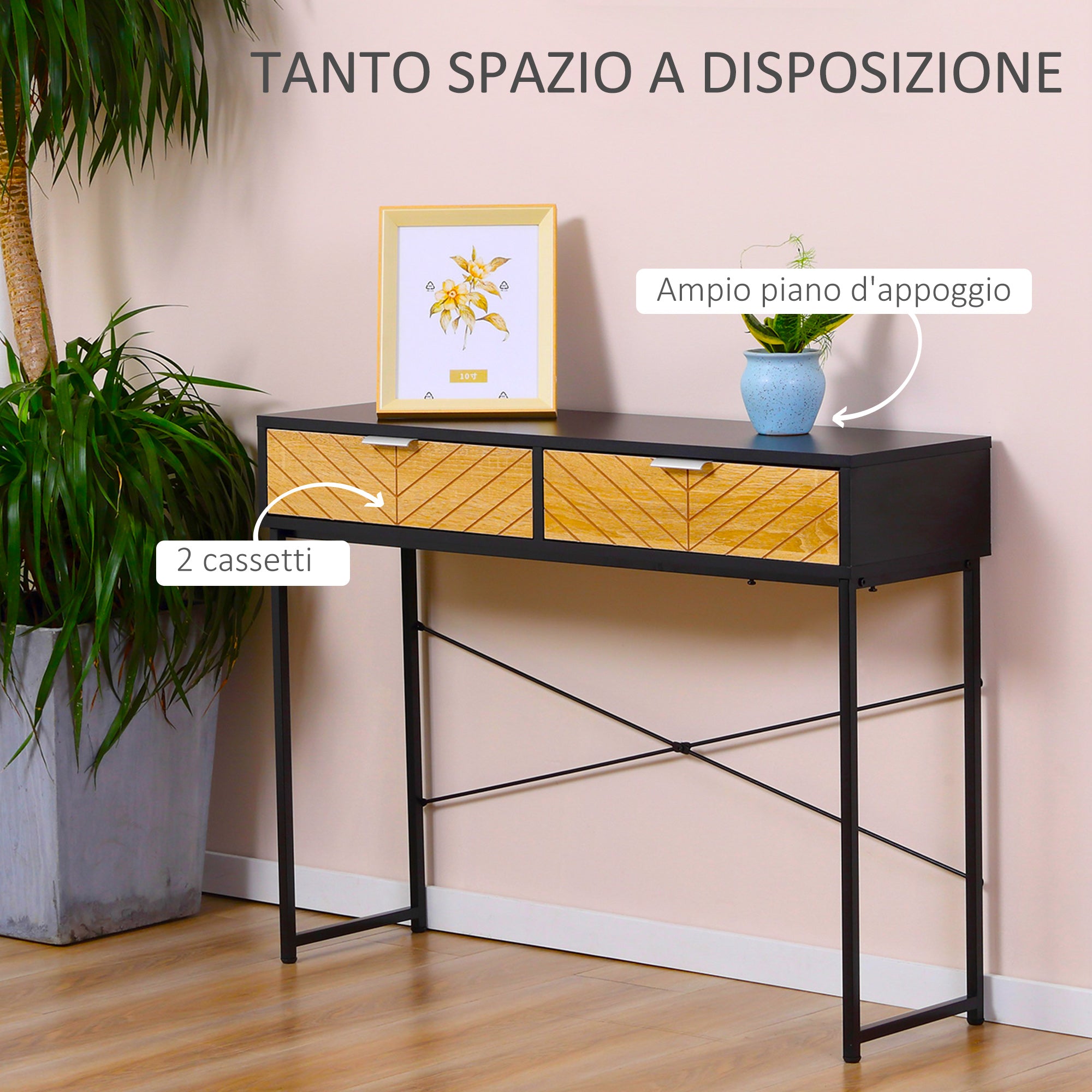 EasyComfort Consolle Moderna per Ingresso e Soggiorno con 2 Cassetti in Metallo 100x30x75cm - Nero