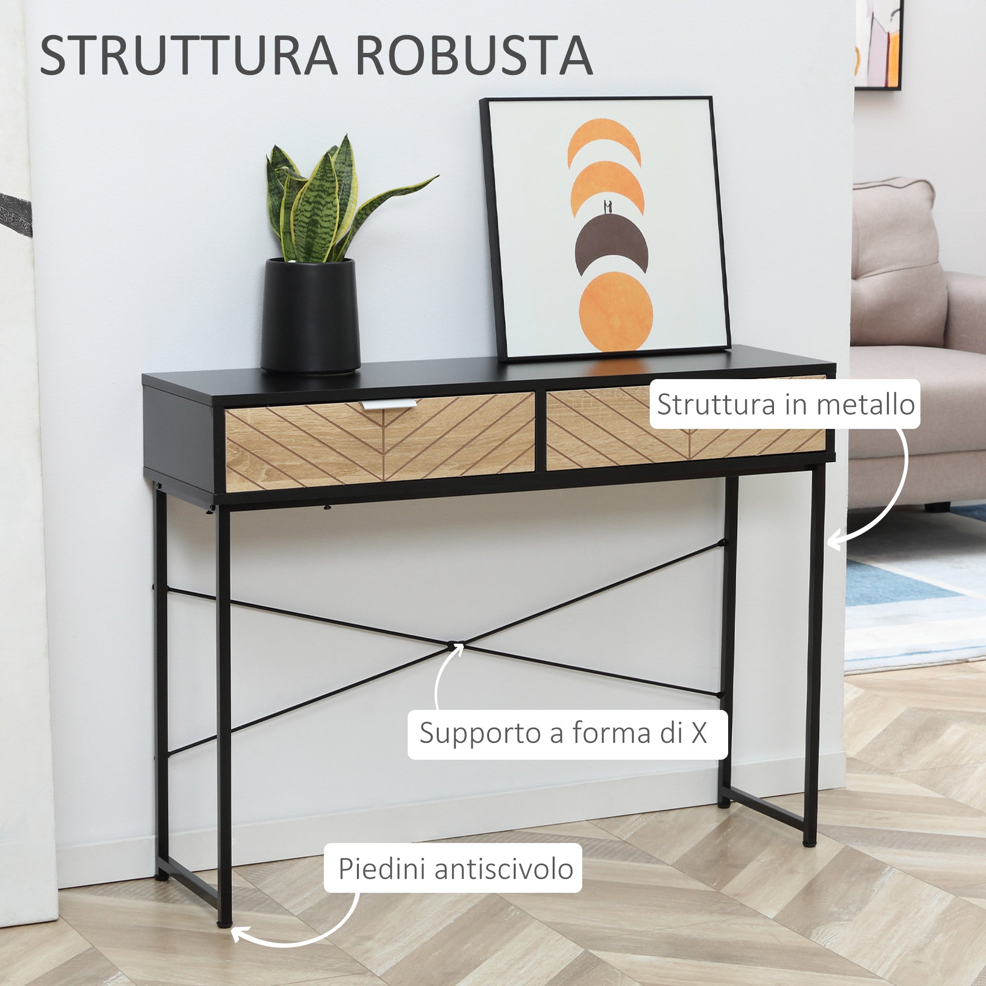 EasyComfort Consolle Moderna per Ingresso e Soggiorno con 2 Cassetti in Metallo 100x30x75cm - Nero