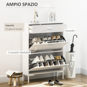 EasyComfort Mobile Scarpiera Moderno per 12 Paia di Scarpe con 2 Ante a Ribalta e Cassetto, 76x26x110 cm, Bianco