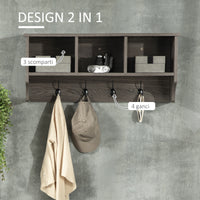 EasyComfort Appendiabiti a Muro Stile Rustico con 4 Ganci e Vani in Legno e Metallo, 80x24x35.5cm, Grigio