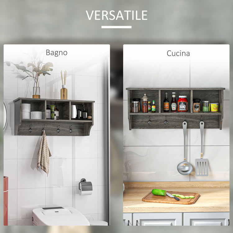 EasyComfort Appendiabiti a Muro Stile Rustico con 4 Ganci e Vani in Legno e Metallo, 80x24x35.5cm, Grigio