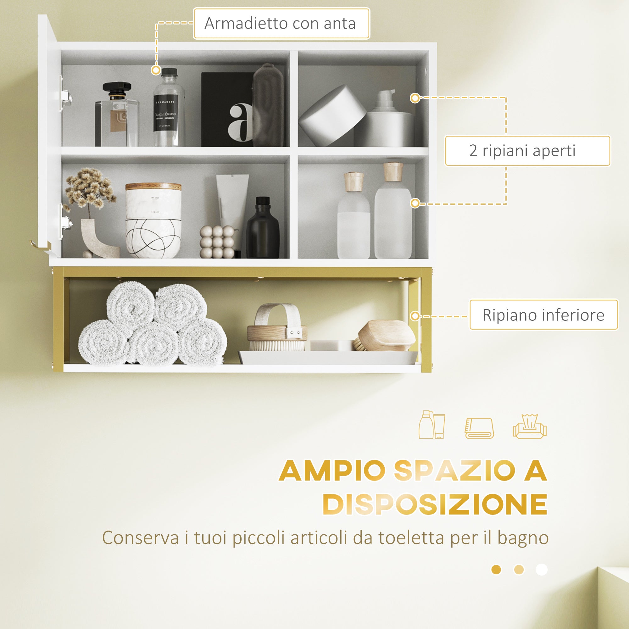 EasyComfort Armadietto Bagno a 2 Livelli, Montaggio a Parete con Ripiani Aperti in MDF Bianco, 60x20x51 cm