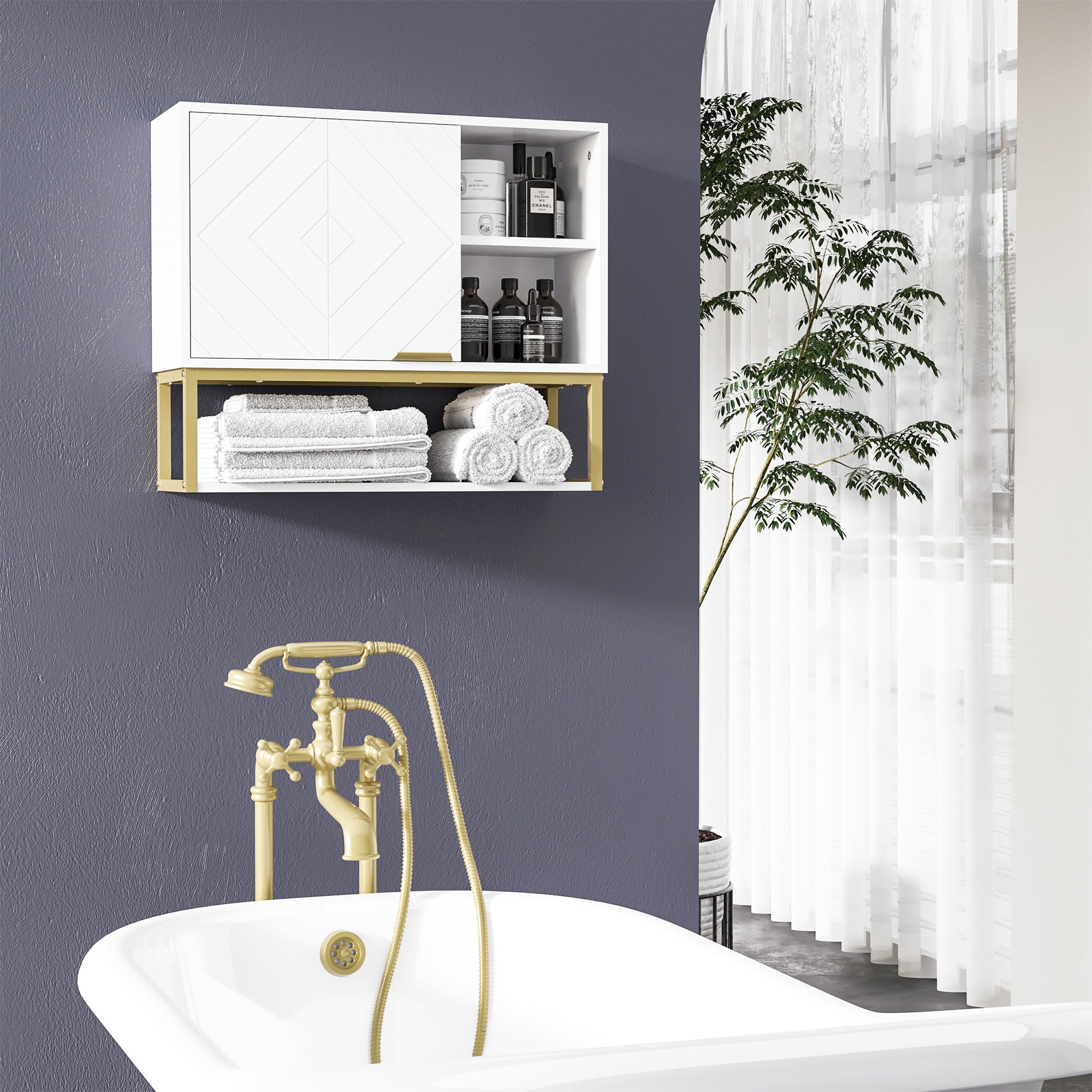 EasyComfort Armadietto Bagno a 2 Livelli, Montaggio a Parete con Ripiani Aperti in MDF Bianco, 60x20x51 cm