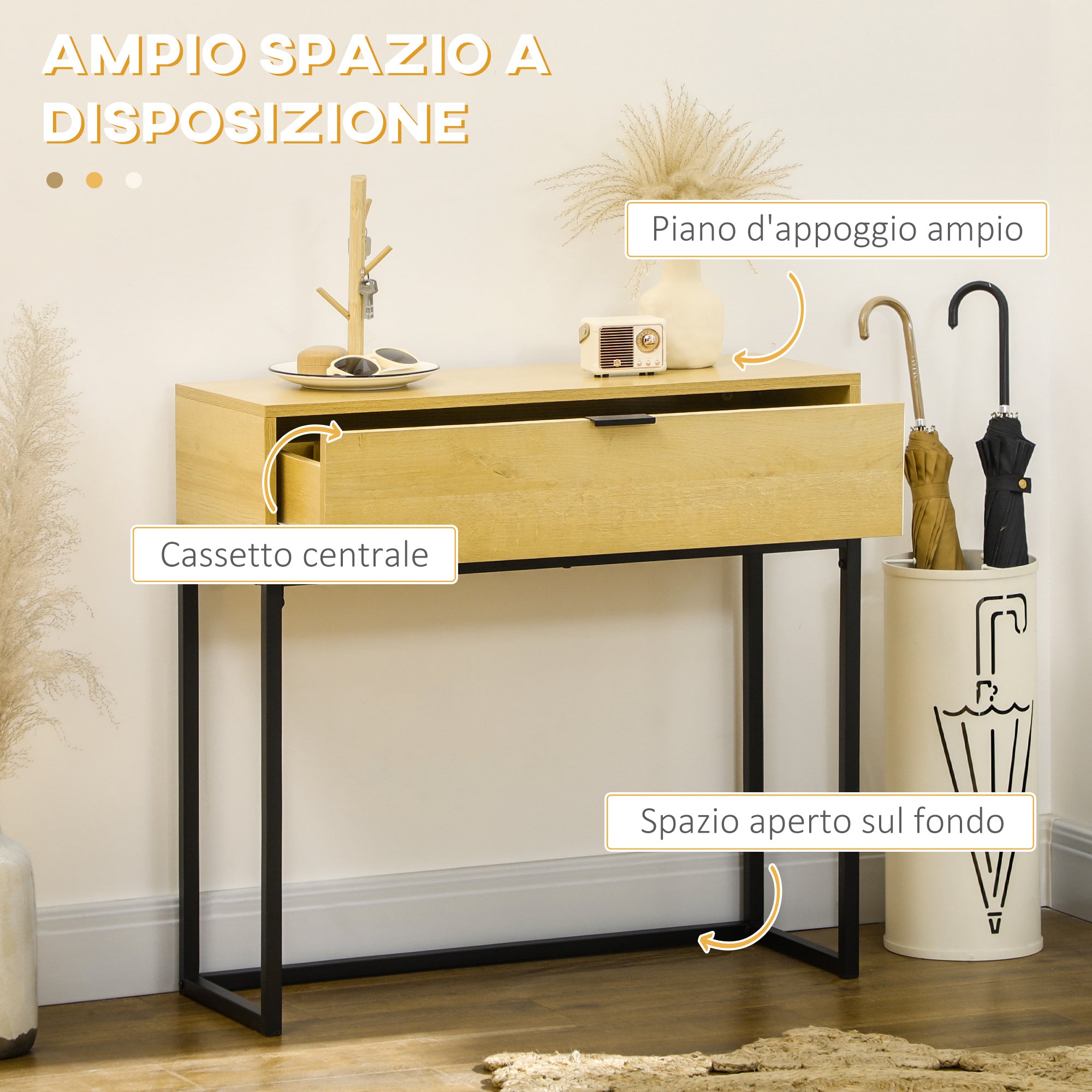 EasyComfort Consolle da Ingresso con Cassetto in Legno e Acciaio, 80x30x76cm, Color Legno e Nero