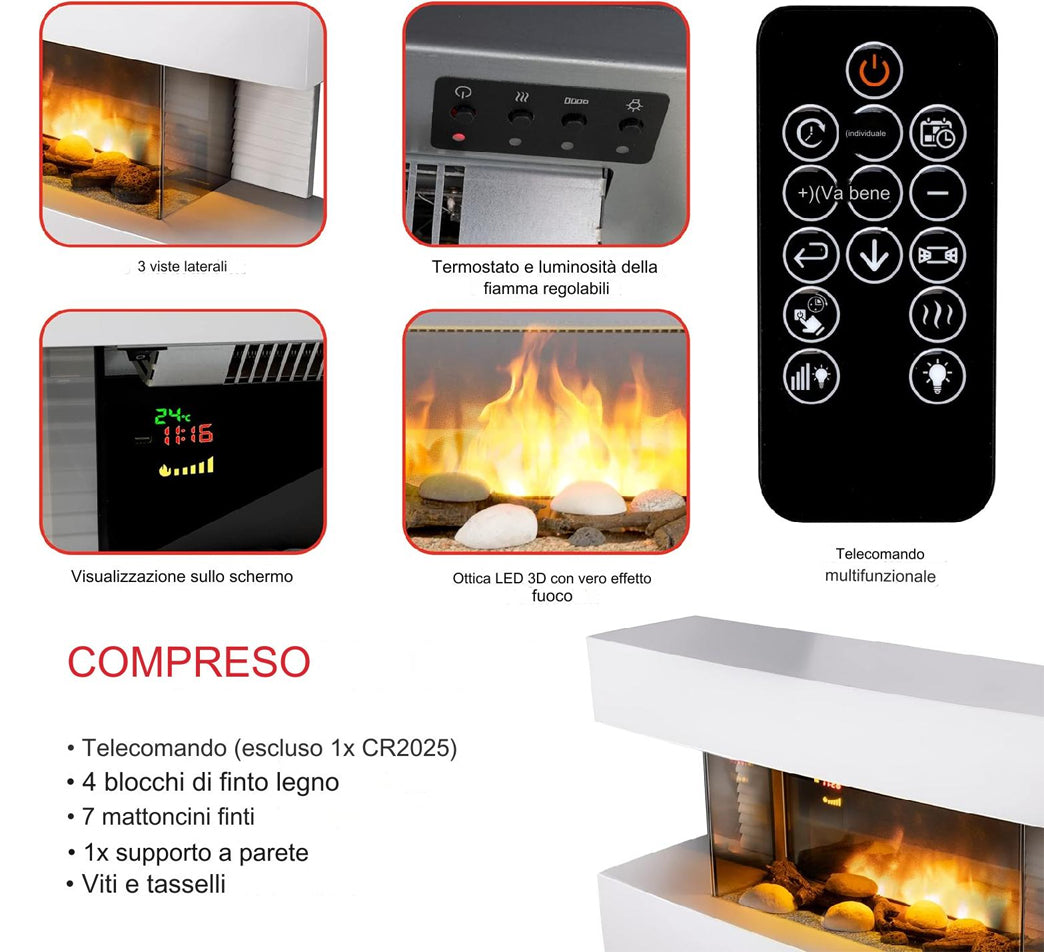 Classic Fire Caminetto Elettrico Toronto 2000W Stufa Elettrica LED e Telecomando