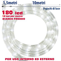 Tubo Luminoso Led Natalizio 10Metri Luce Bianco Freddo 8Funzioni Interno Esterno