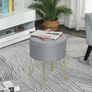 EASYCOMFORT  Pouf Contenitore 2 in 1 con Funzione Sgabello e Tavolino, in Legno e Tessuto Grigio, Metallo con Finitura Oro, 36x36x45cm