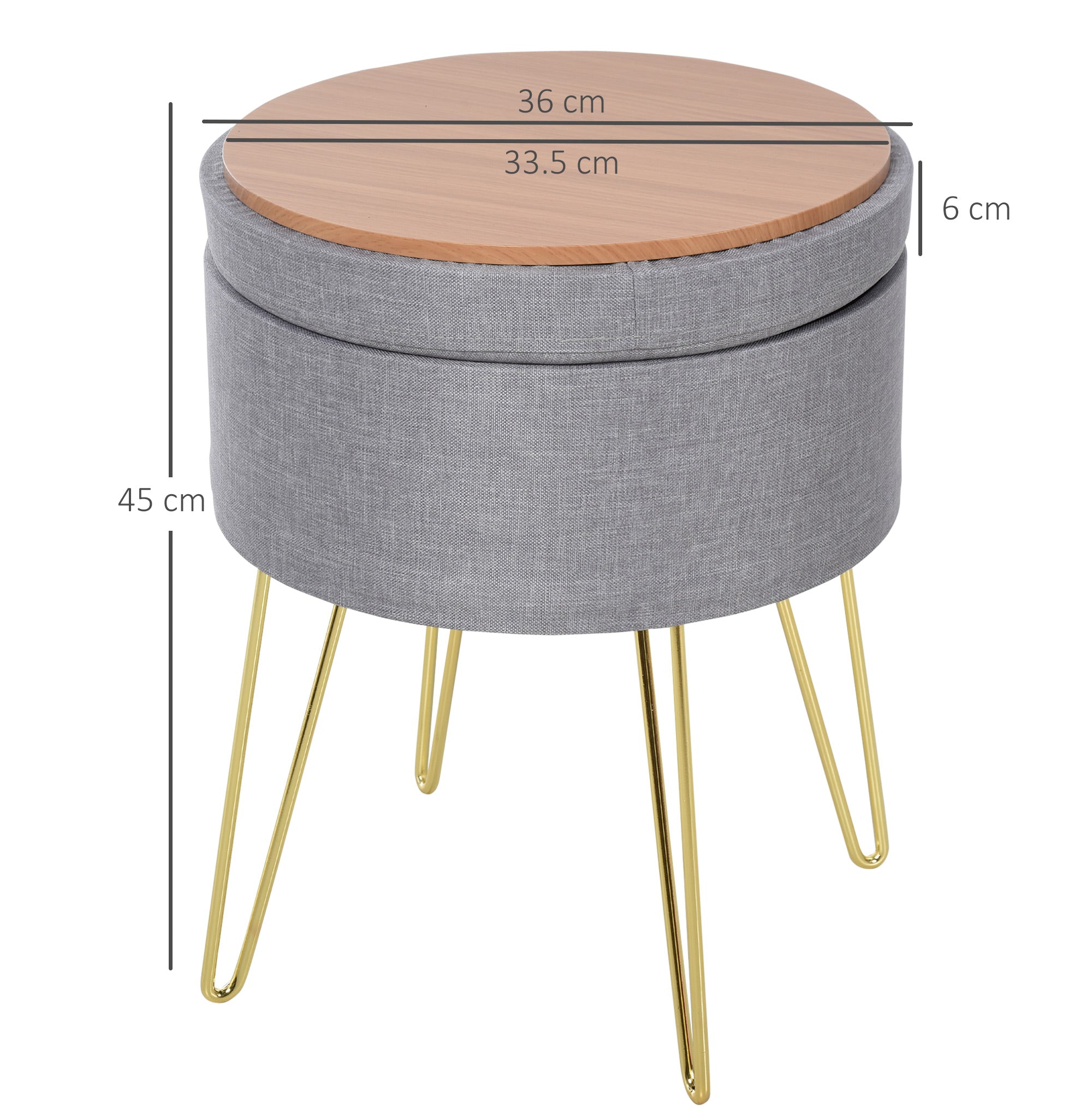 EASYCOMFORT  Pouf Contenitore 2 in 1 con Funzione Sgabello e Tavolino, in Legno e Tessuto Grigio, Metallo con Finitura Oro, 36x36x45cm