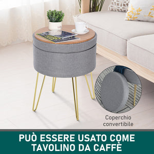 EASYCOMFORT  Pouf Contenitore 2 in 1 con Funzione Sgabello e Tavolino, in Legno e Tessuto Grigio, Metallo con Finitura Oro, 36x36x45cm