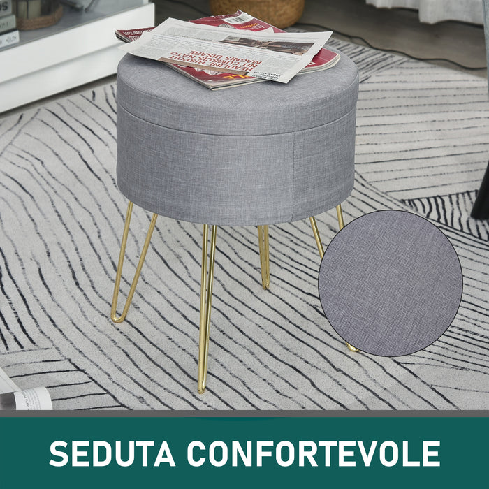 EASYCOMFORT  Pouf Contenitore 2 in 1 con Funzione Sgabello e Tavolino, in Legno e Tessuto Grigio, Metallo con Finitura Oro, 36x36x45cm