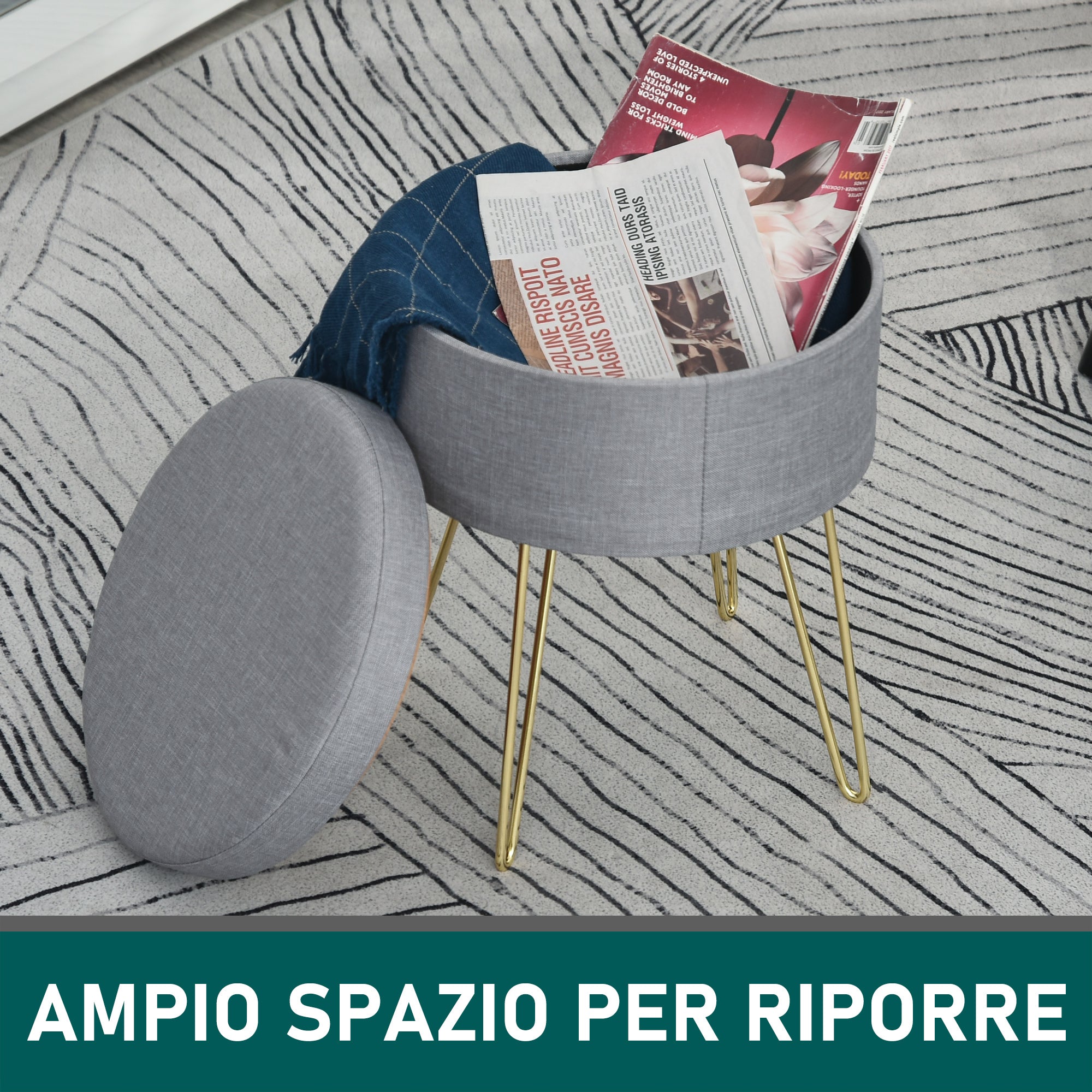 EASYCOMFORT  Pouf Contenitore 2 in 1 con Funzione Sgabello e Tavolino, in Legno e Tessuto Grigio, Metallo con Finitura Oro, 36x36x45cm