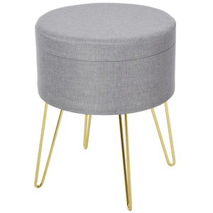 EASYCOMFORT  Pouf Contenitore 2 in 1 con Funzione Sgabello e Tavolino, in Legno e Tessuto Grigio, Metallo con Finitura Oro, 36x36x45cm