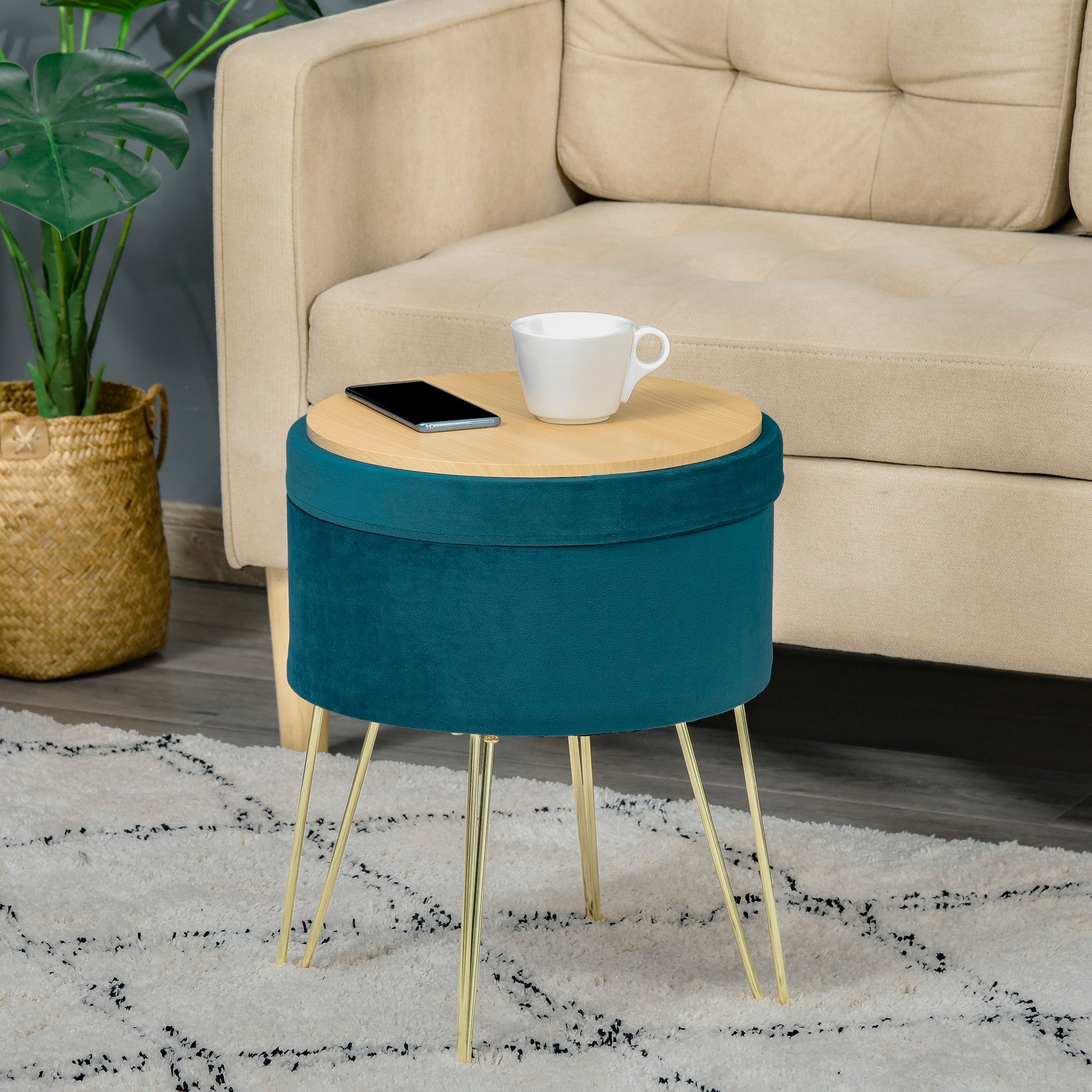 Easycomfort Pouf Contenitore 2 in 1 con Funzione Sgabello e Tavolino, in Legno e Velluto Verde, Metallo con Finitura Oro, 36x36x45cm