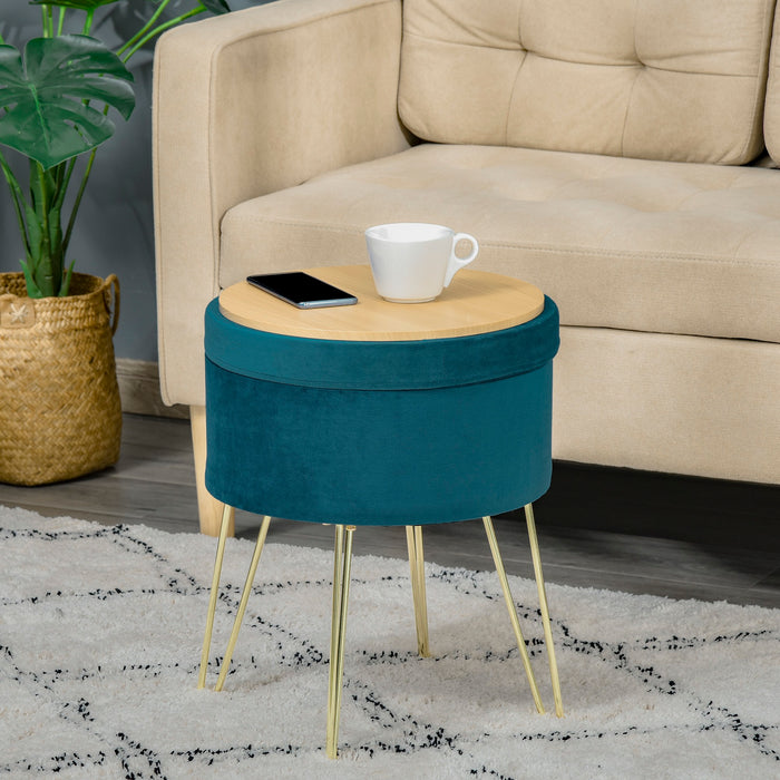 Easycomfort Pouf Contenitore 2 in 1 con Funzione Sgabello e Tavolino, in Legno e Velluto Verde, Metallo con Finitura Oro, 36x36x45cm