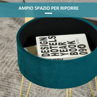 Easycomfort Pouf Contenitore 2 in 1 con Funzione Sgabello e Tavolino, in Legno e Velluto Verde, Metallo con Finitura Oro, 36x36x45cm