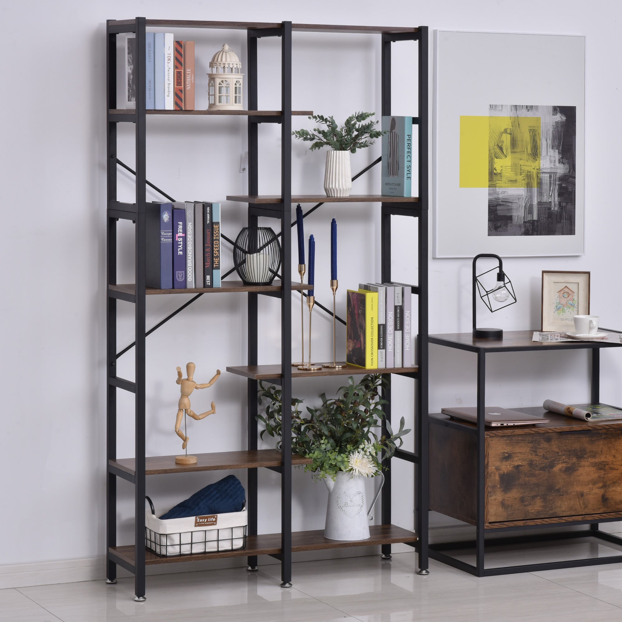 EasyComfort Grande Scaffale Libreria da Parete in Legno e Metallo Nero con 6 Ripiani, Stile Vintage Industriale, 100x30x182cm