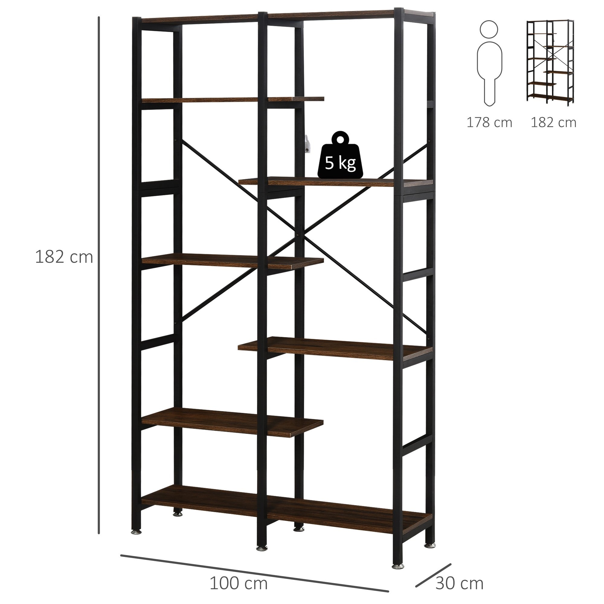 EasyComfort Grande Scaffale Libreria da Parete in Legno e Metallo Nero con 6 Ripiani, Stile Vintage Industriale, 100x30x182cm