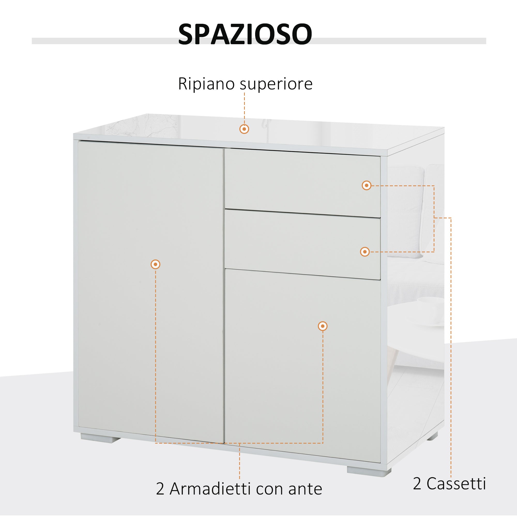 Mobile Multiuso 2 Cassetti 2 Ante 79x36x74 cm in Legno Bianco