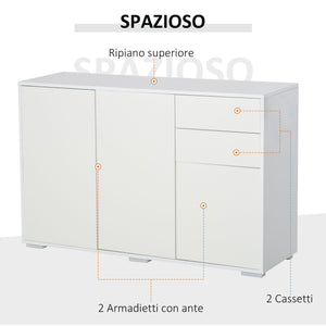 EasyComfort Mobiletto Multiuso in Legno Bianco con 2 Cassetti e 2 Armadietti con Apertura a Pressione, 117x36x74 cm