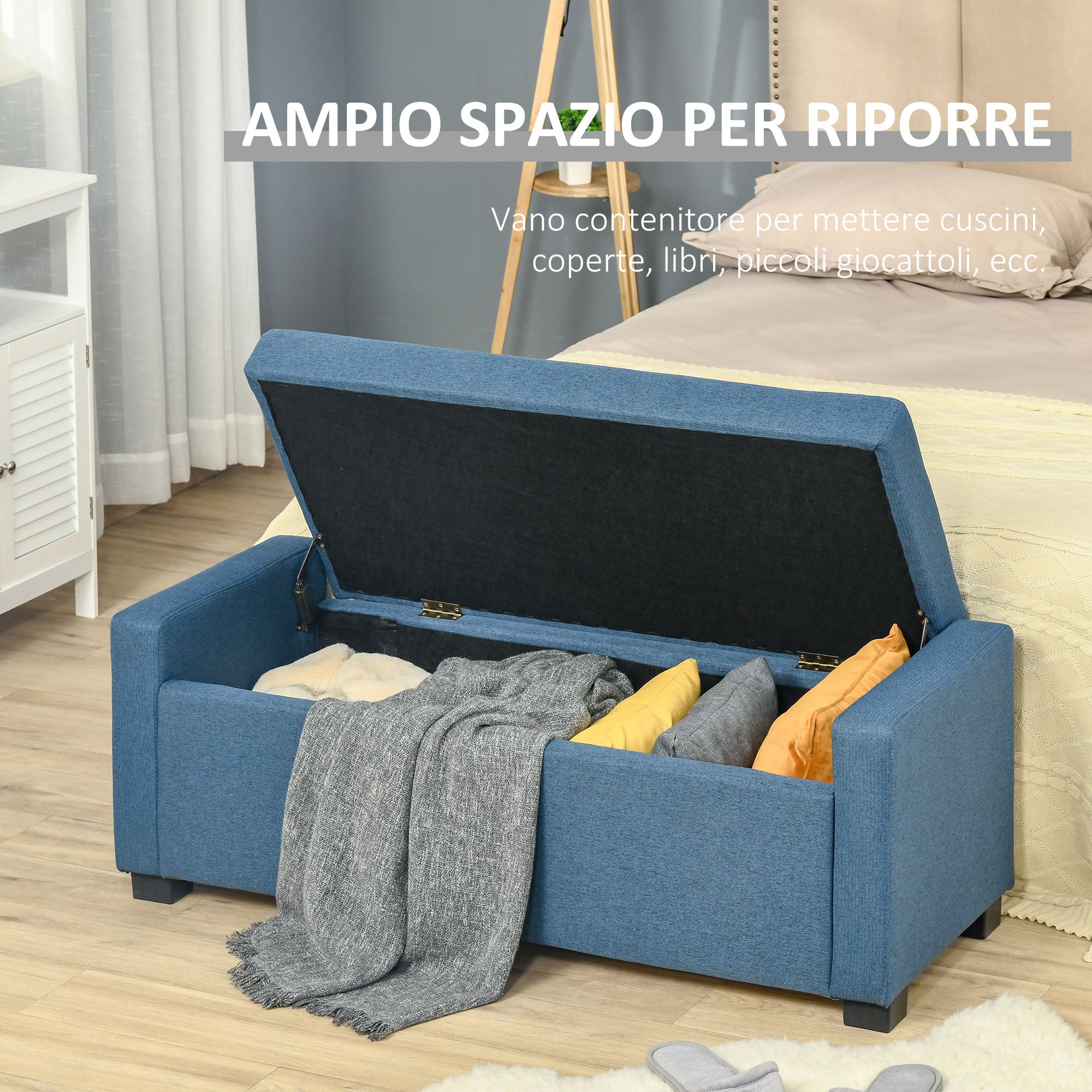 EASYCOMFORT  Panca Fondoletto con Vano Contenitore in Tessuto, 120x50x44cm - Blu