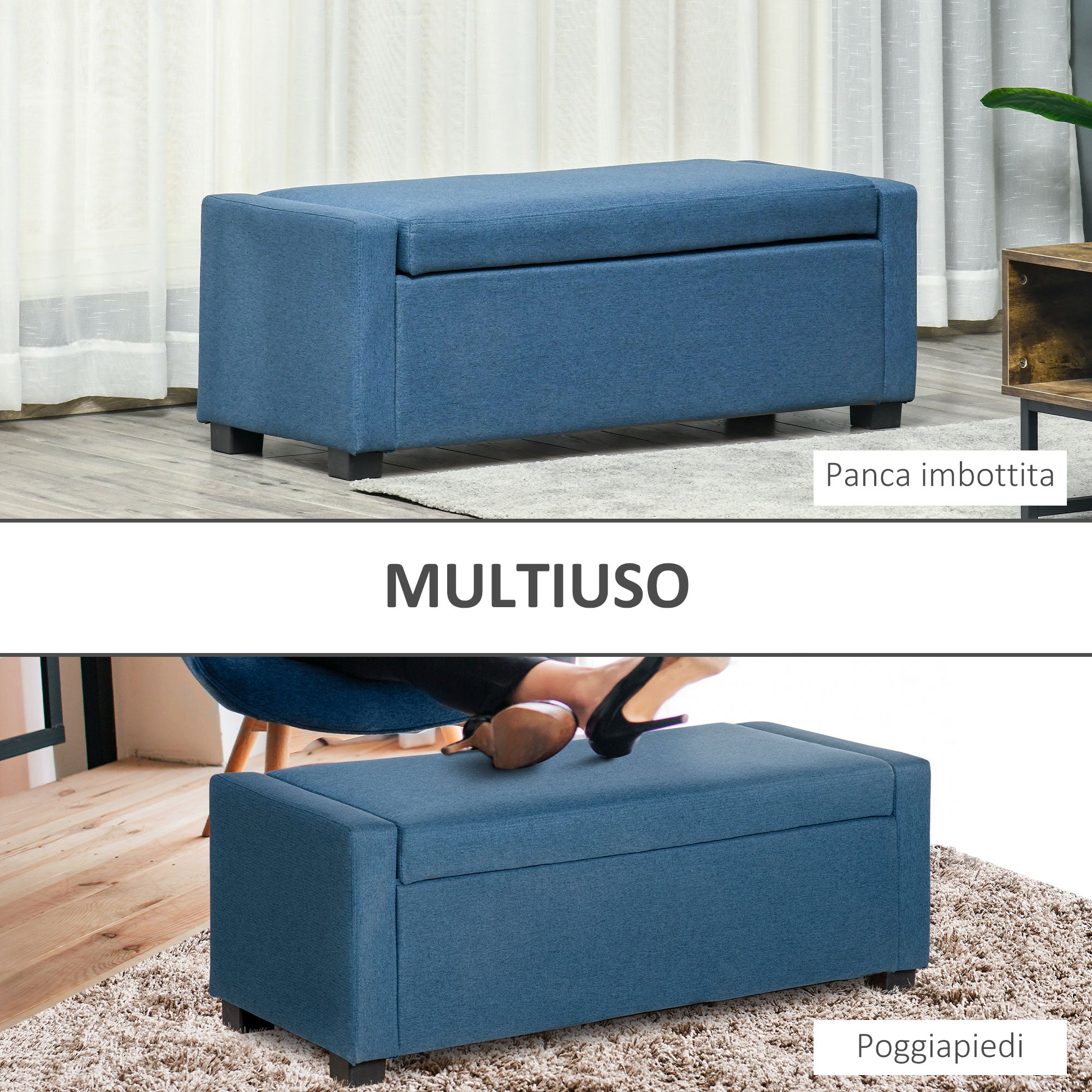 EASYCOMFORT  Panca Fondoletto con Vano Contenitore in Tessuto, 120x50x44cm - Blu