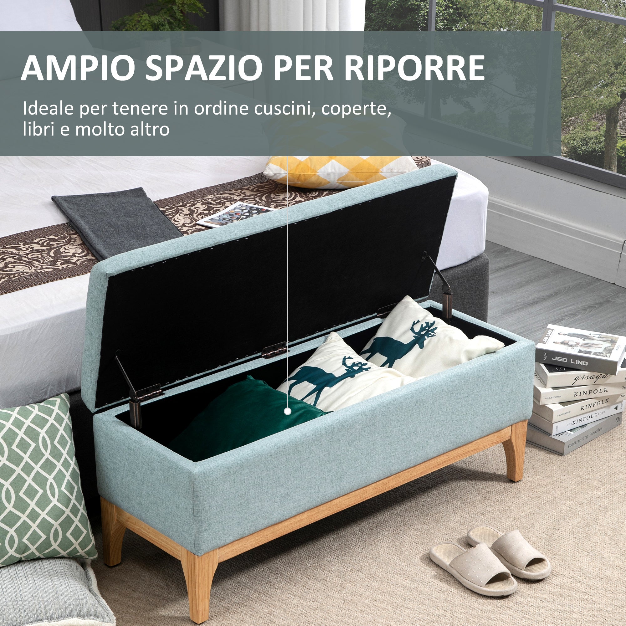 EASYCOMFORT  Panca Imbottita Contenitore in Tessuto Effetto Lino Design Scandinavo - Azzurro