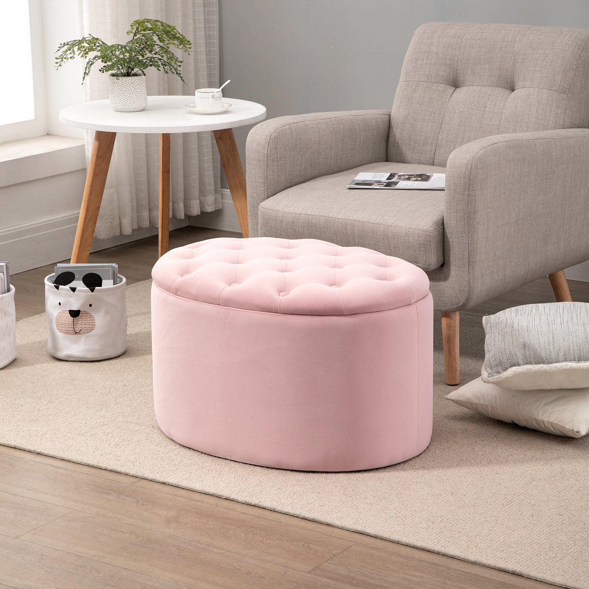 Pouf Contenitore Ovale Imbottito 71x52x42 cm in Velluto Rosa