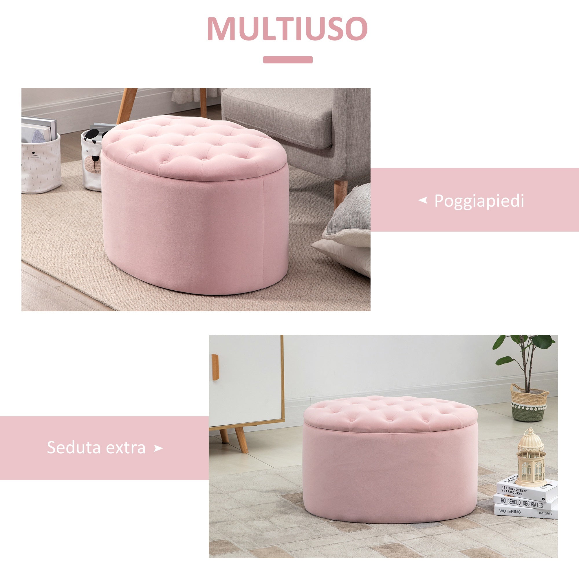 Pouf Contenitore Ovale Imbottito 71x52x42 cm in Velluto Rosa