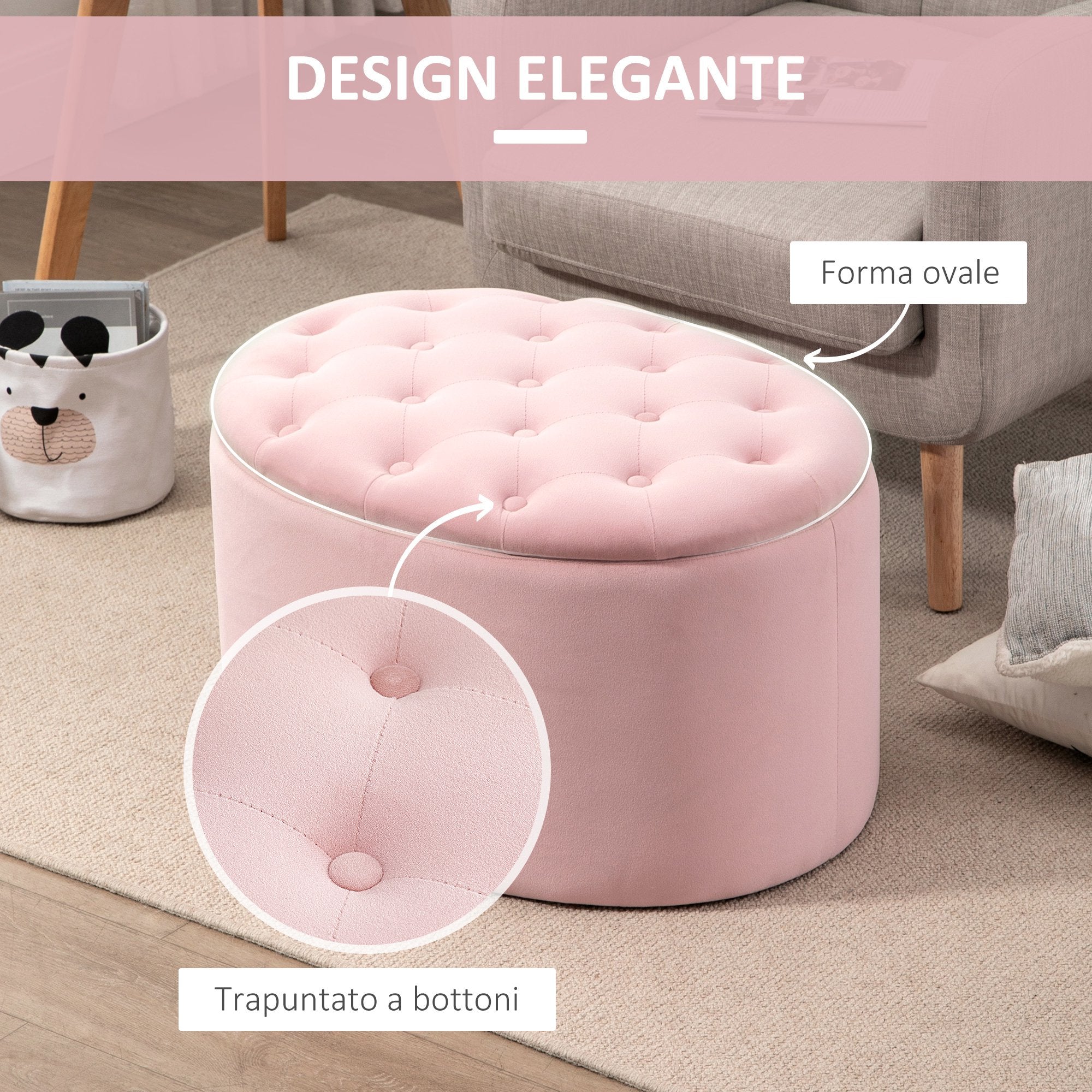 EASYCOMFORT  Pouf Contenitore Ovale Imbottito e Trapuntato in Velluto, 71x52x42cm, Rosa