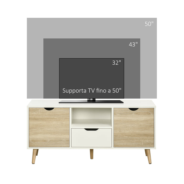 EasyComfort Mobile TV Moderno max 50" in Truciolato con Cassetti, Ripiani Aperti e Armadietti, 110x40x50 cm, Bianco e Colore Legno