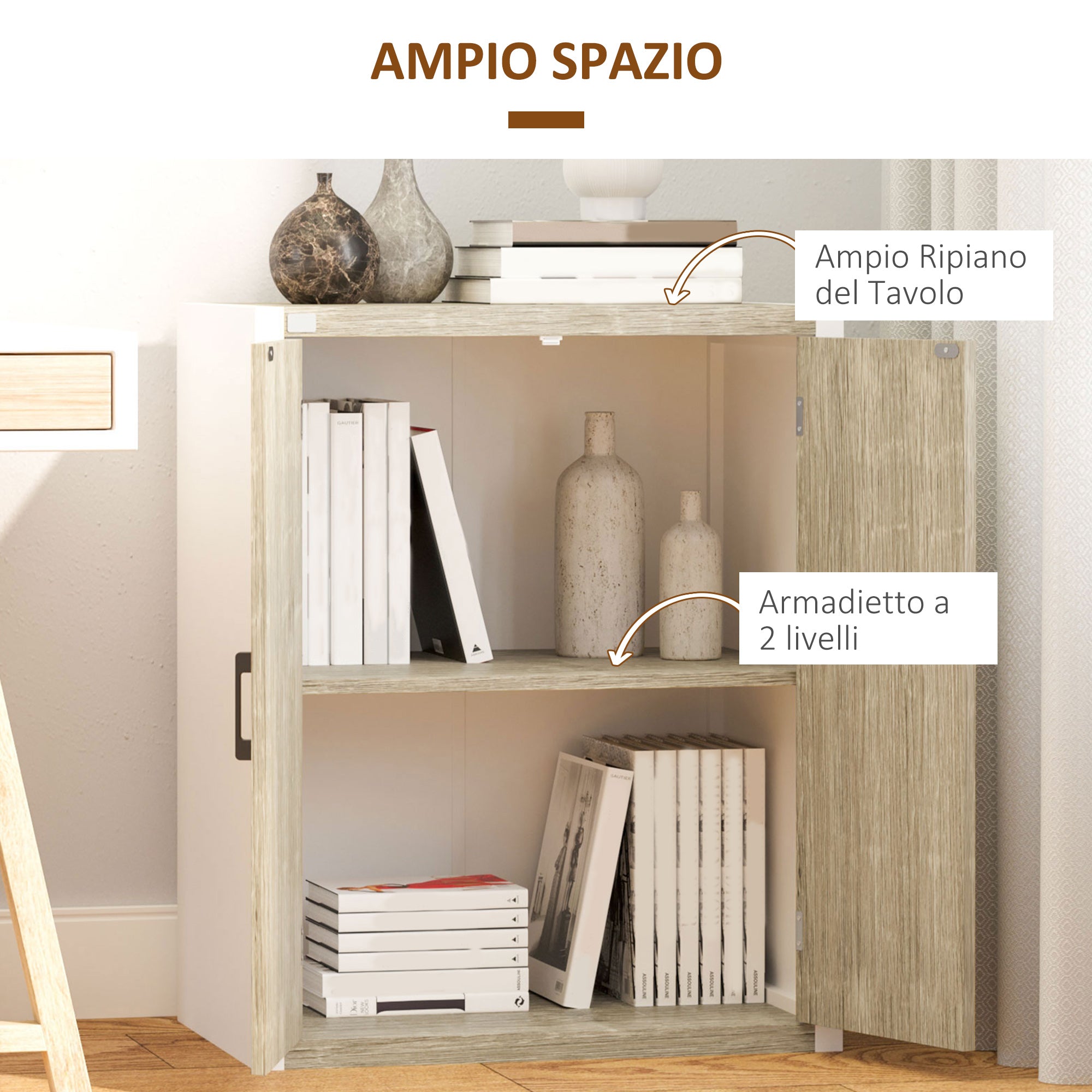 EASYCOMFORT  Mobiletto Multiuso per Ingresso e Soggiorno, Armadietto 2 Ante con Mensola Regolabile in MDF, 62x40x77cm, Bianco e Legno