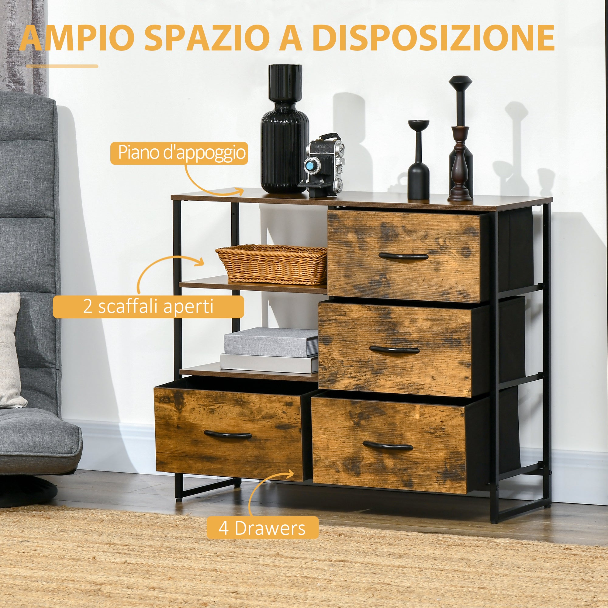 EASYCOMFORT  Cassettiera in Stile Industriale con 4 Cassetti in Tessuto Pieghevole e 2 Ripiani Aperti, 84x30x71.5 cm, Marrone