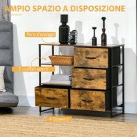 EASYCOMFORT  Cassettiera in Stile Industriale con 4 Cassetti in Tessuto Pieghevole e 2 Ripiani Aperti, 84x30x71.5 cm, Marrone