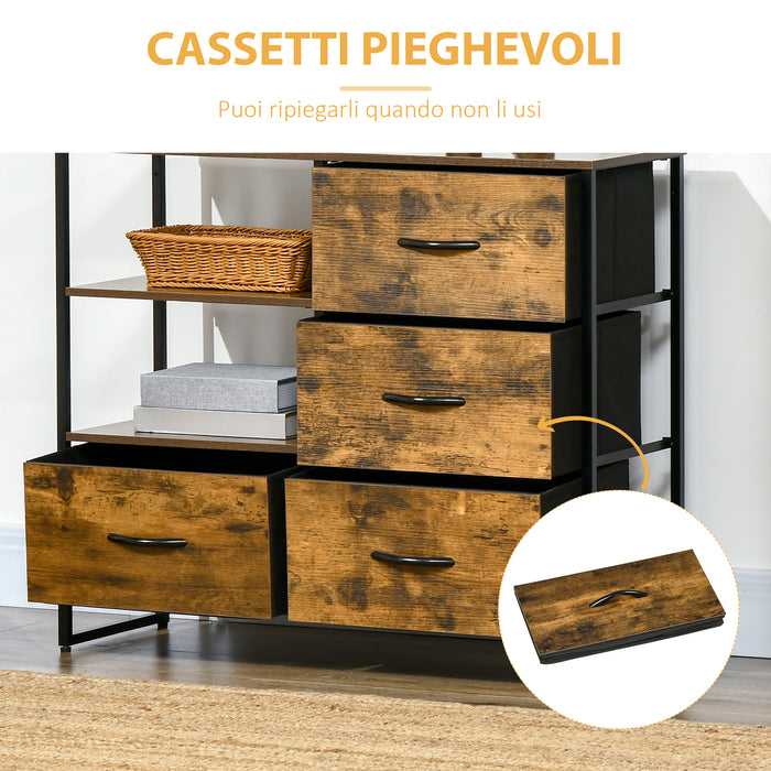 EASYCOMFORT  Cassettiera in Stile Industriale con 4 Cassetti in Tessuto Pieghevole e 2 Ripiani Aperti, 84x30x71.5 cm, Marrone