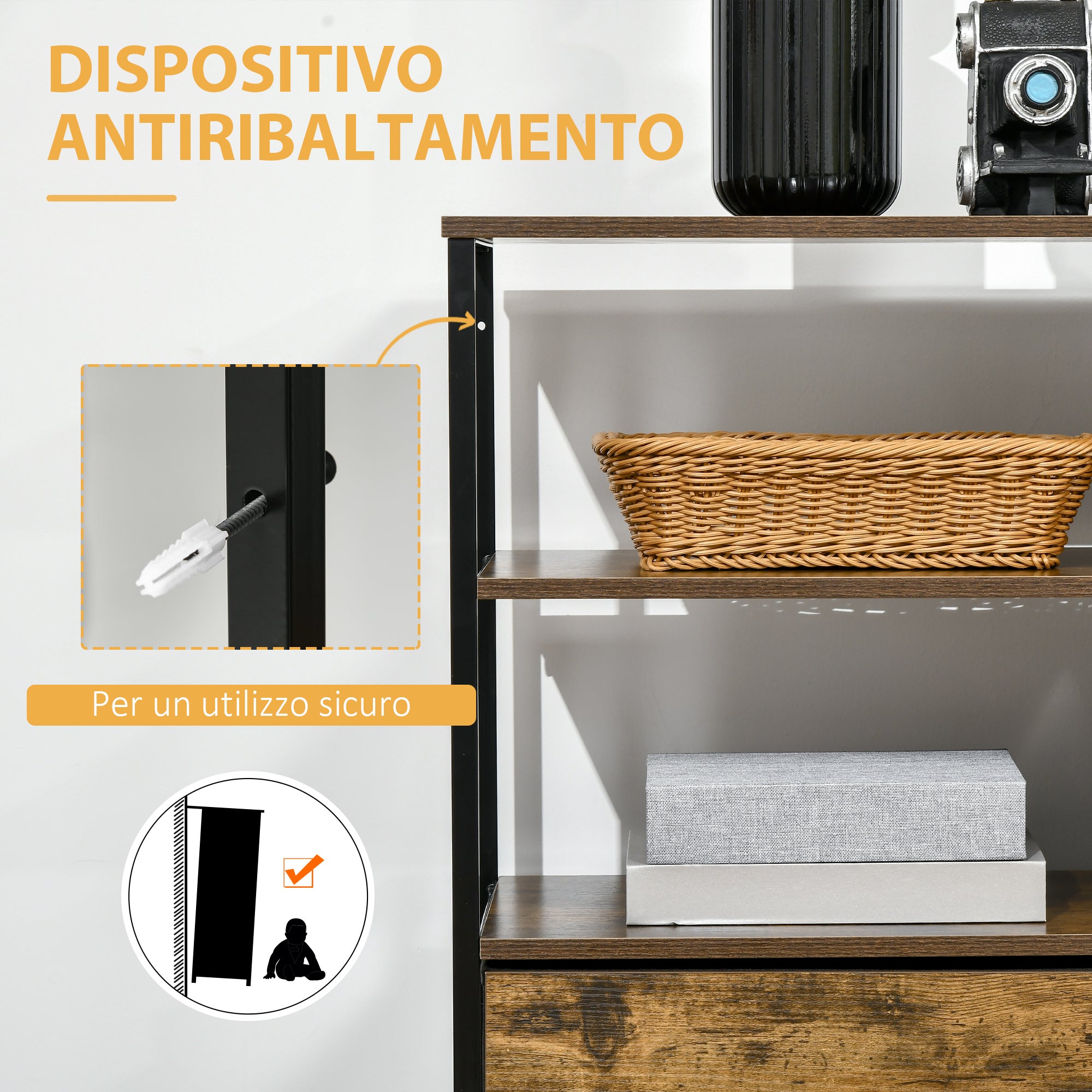 EASYCOMFORT  Cassettiera in Stile Industriale con 4 Cassetti in Tessuto Pieghevole e 2 Ripiani Aperti, 84x30x71.5 cm, Marrone