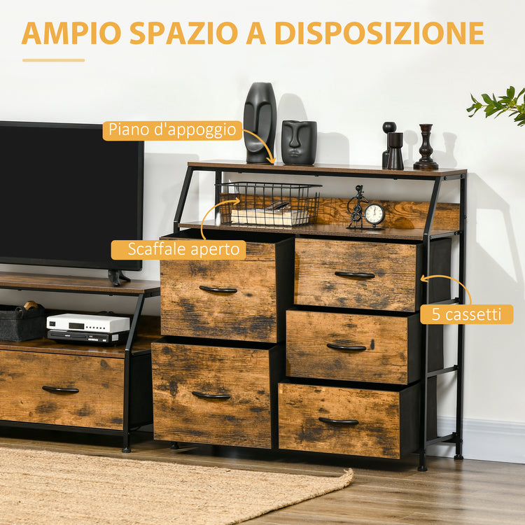 EASYCOMFORT  Mobile Cassettiera con 5 Cassetti in Tessuto Pieghevoli Stile Industriale, 83.5x29x87cm, Marrone