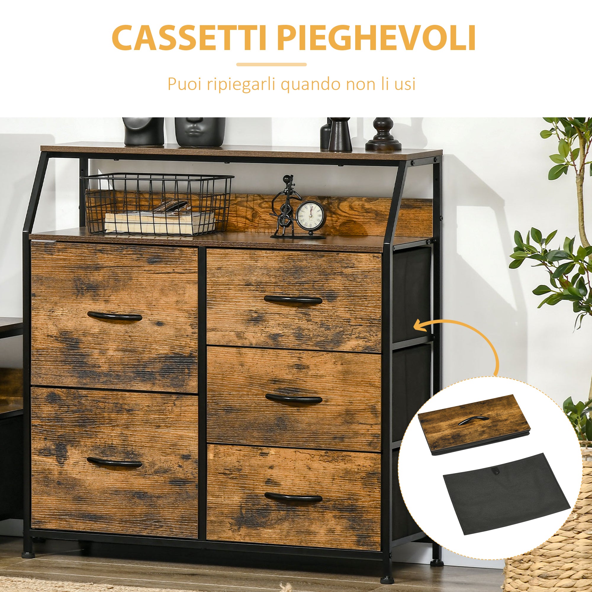 EASYCOMFORT  Mobile Cassettiera con 5 Cassetti in Tessuto Pieghevoli Stile Industriale, 83.5x29x87cm, Marrone