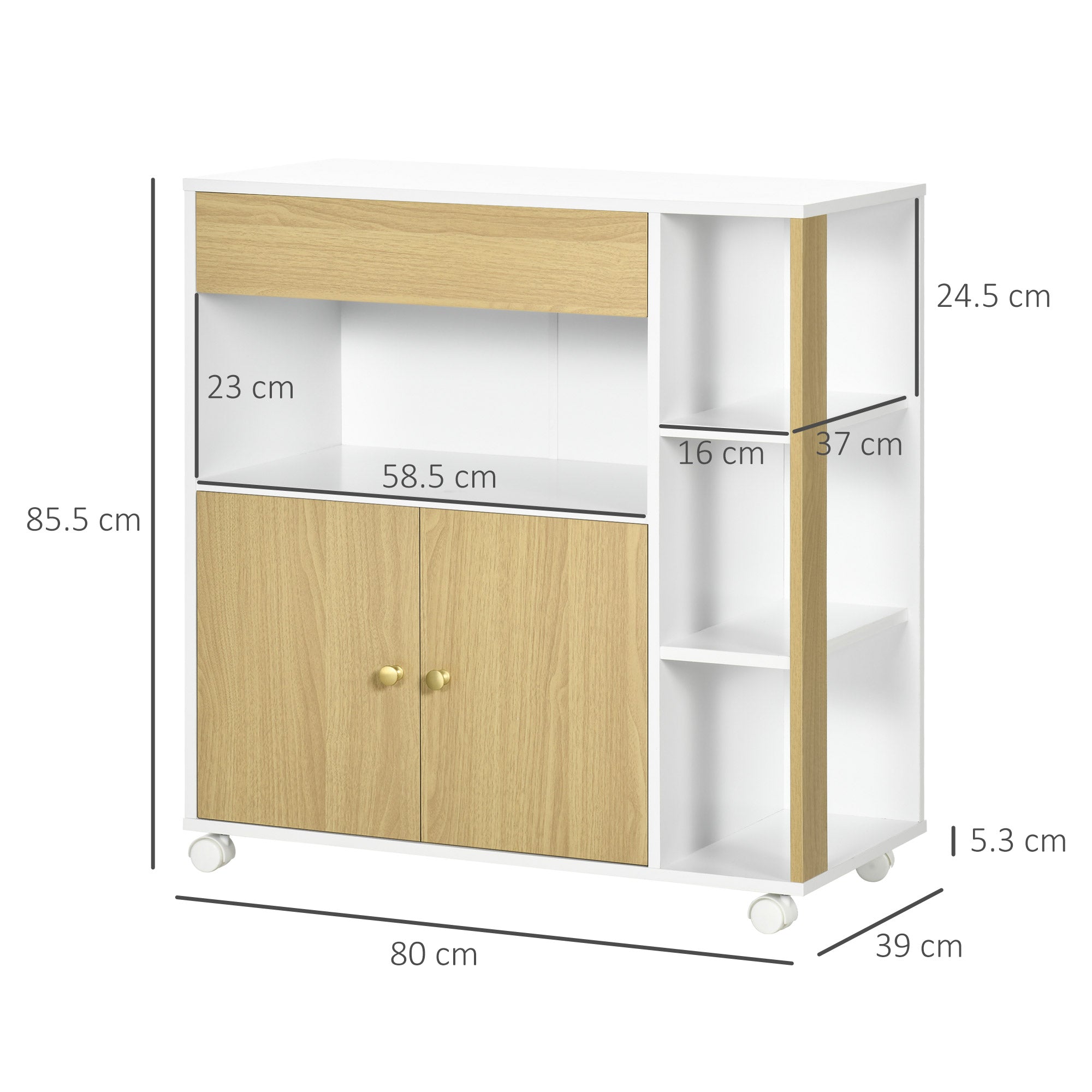 EasyComfort Carrello da Cucina in Truciolato con 4 Ripiani Aperti, un Cassetto e un Armadietto a 2 Ante, 80x39x85.5 cm