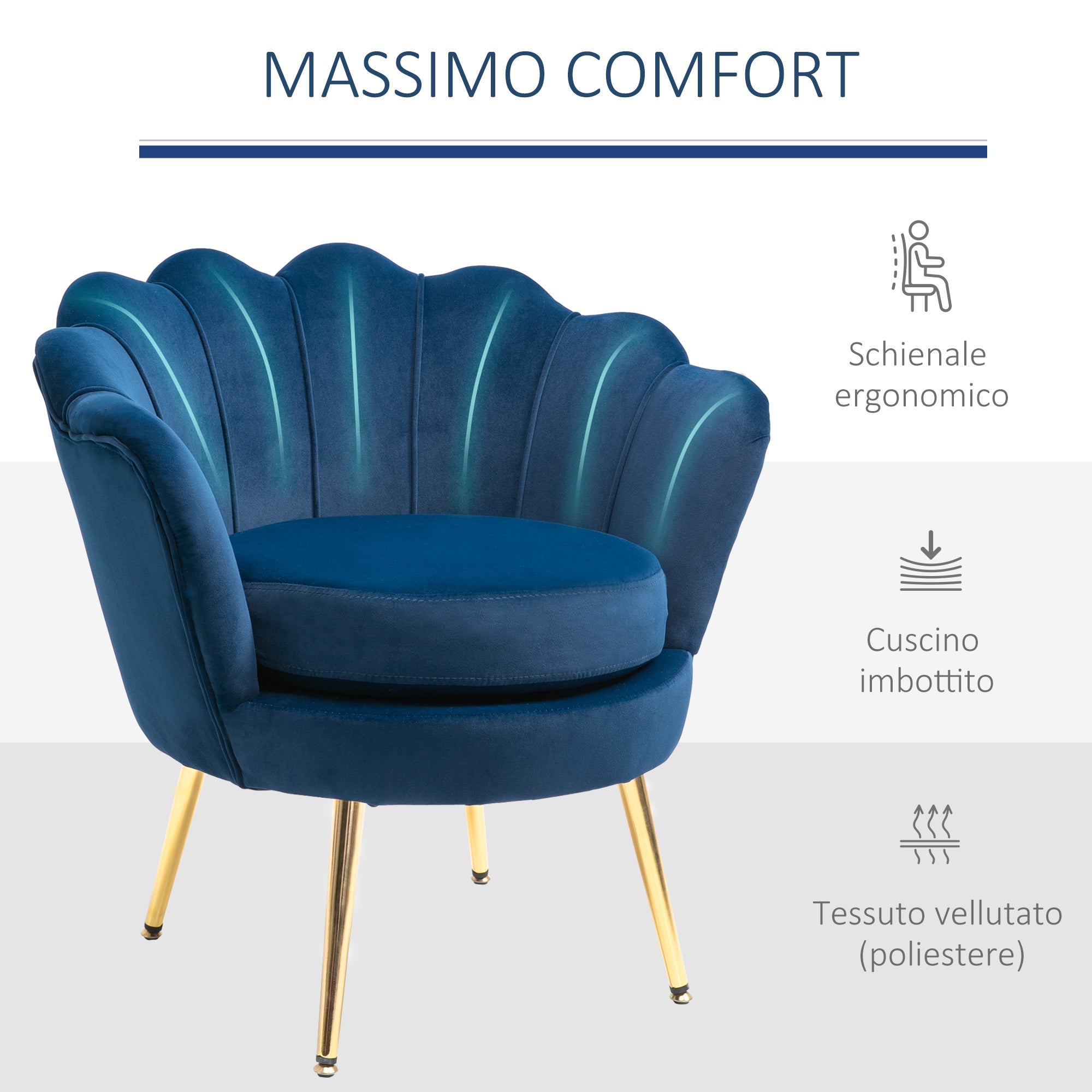 EASYCOMFORT  Poltrona Vintage di Design in Velluto Blu, Poltroncina da Camera con Schienale Alto 76x67x74cm