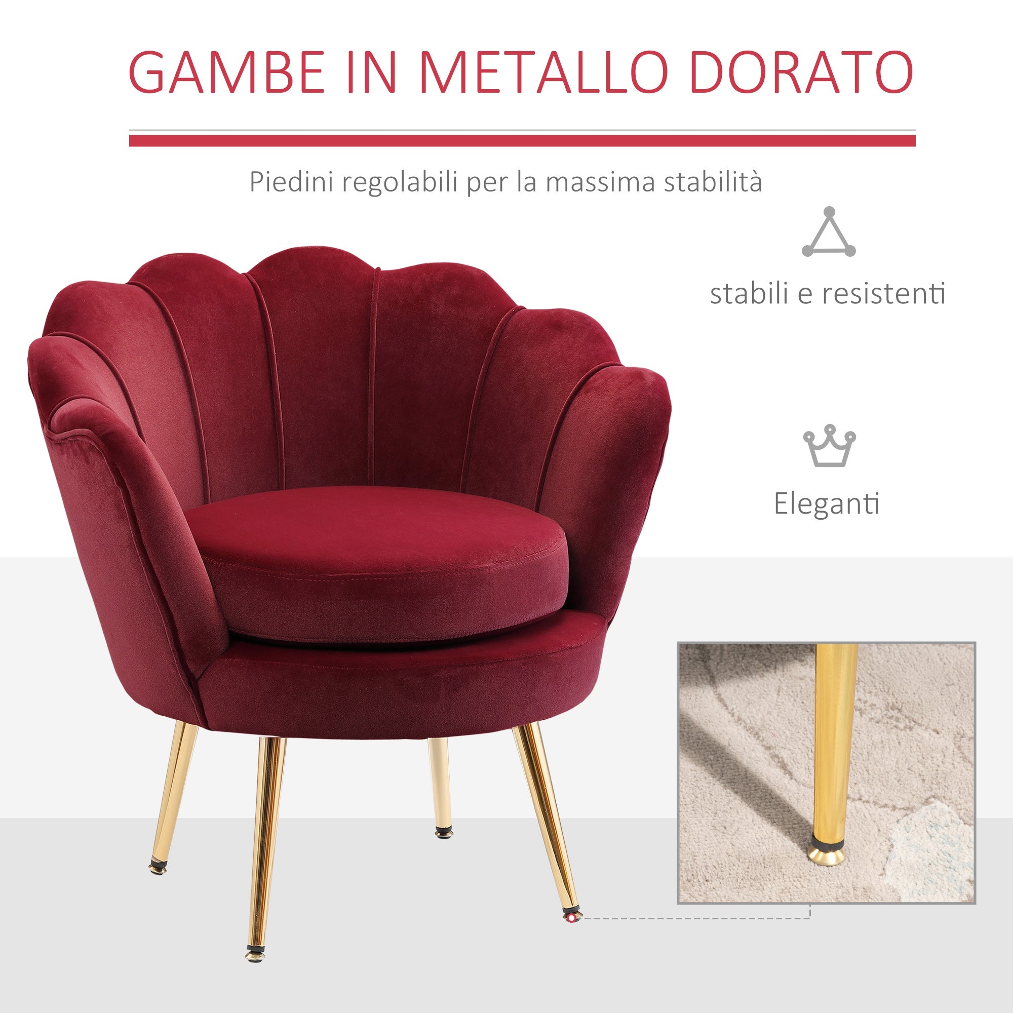 EASYCOMFORT  Poltrona Vintage di Design in Velluto Rosso Scuro, Poltroncina da Camera con Schienale Alto 76x67x74cm