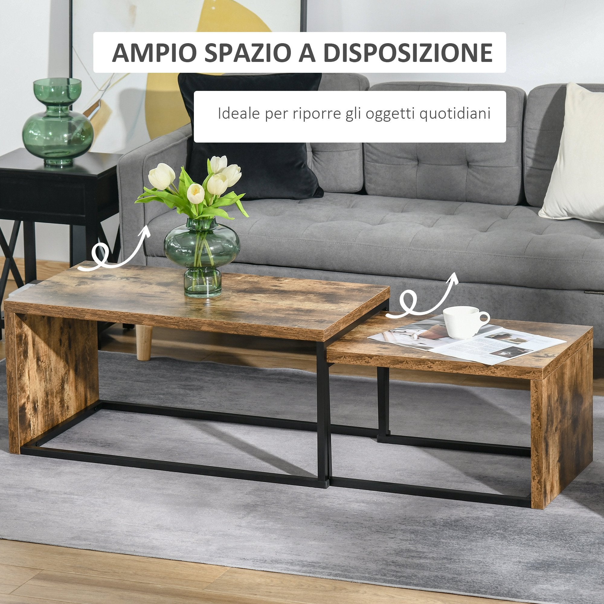 EASYCOMFORT  Set di 2 Tavolini da Salotto Impilabili e Salvaspazio in Stile Industriale, Legno MDF e Metallo, Marrone e Nero